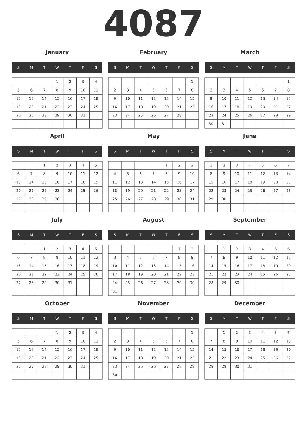 Printable 4087 Year Calendars dark
