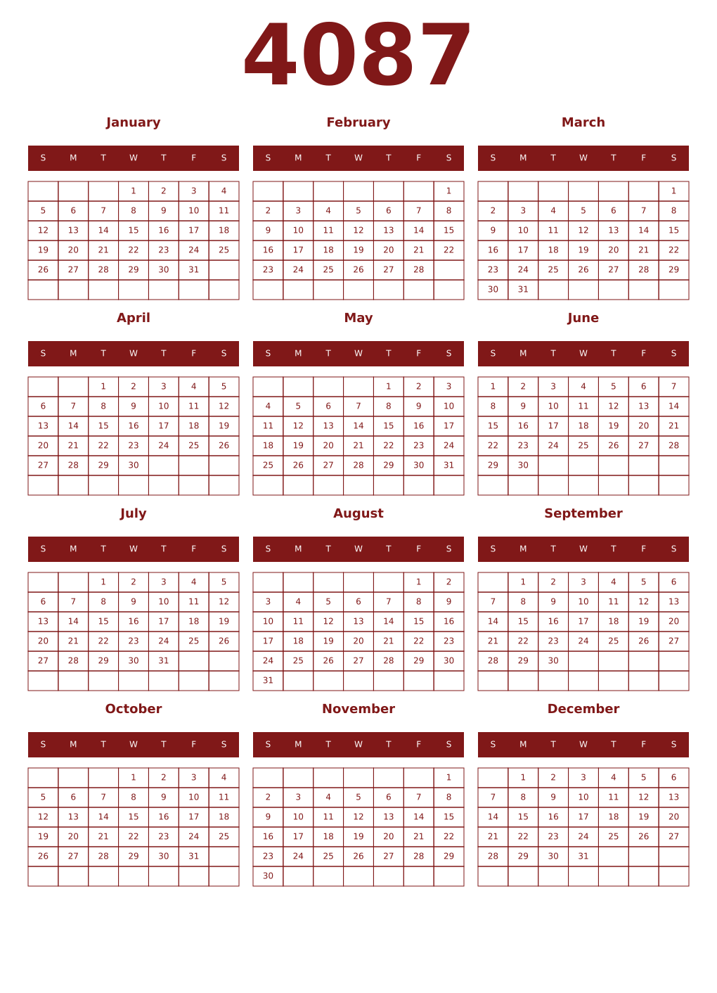 Printable 4087 Year Calendars falu