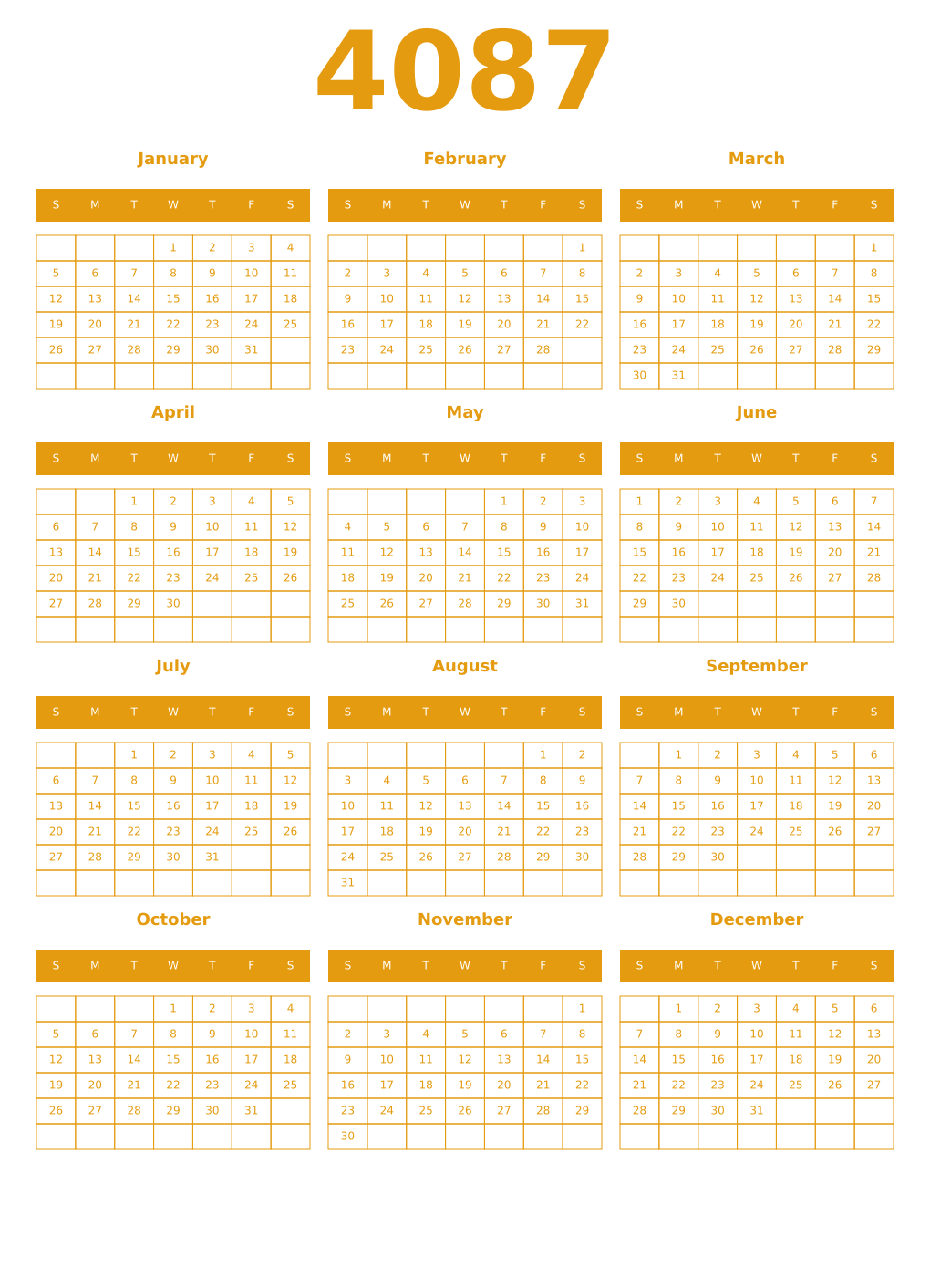 Printable 4087 Year Calendars gamboge