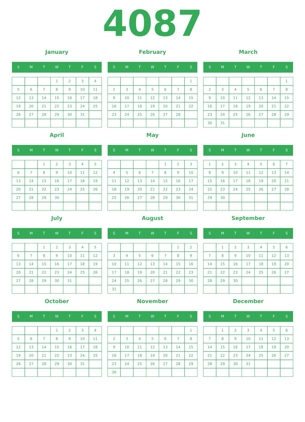Printable 4087 Year Calendars green