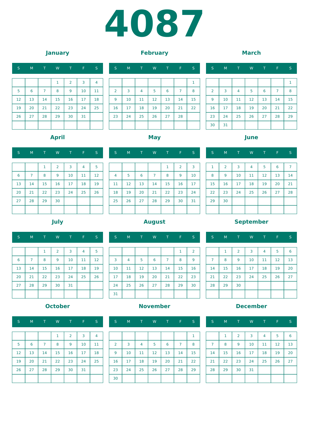 Printable 4087 Year Calendars pastel