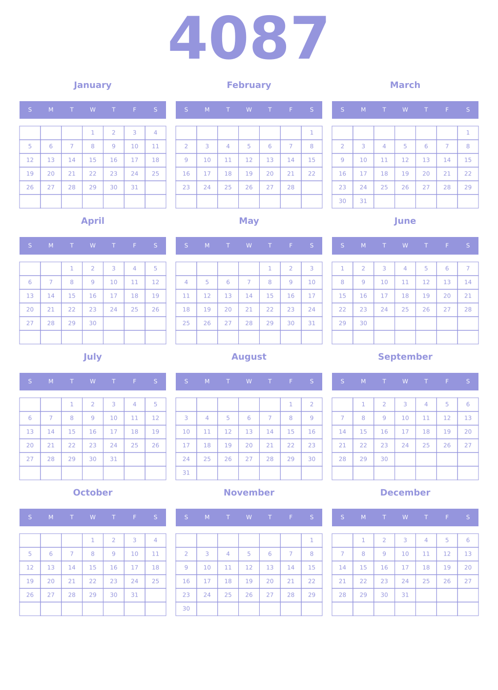 Printable 4087 Year Calendars periwinkle
