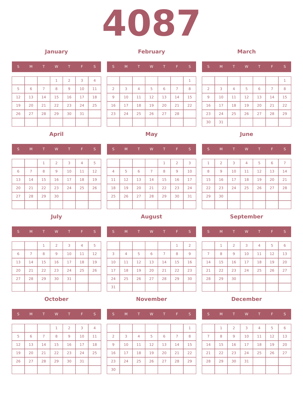 Printable 4087 Year Calendars puce