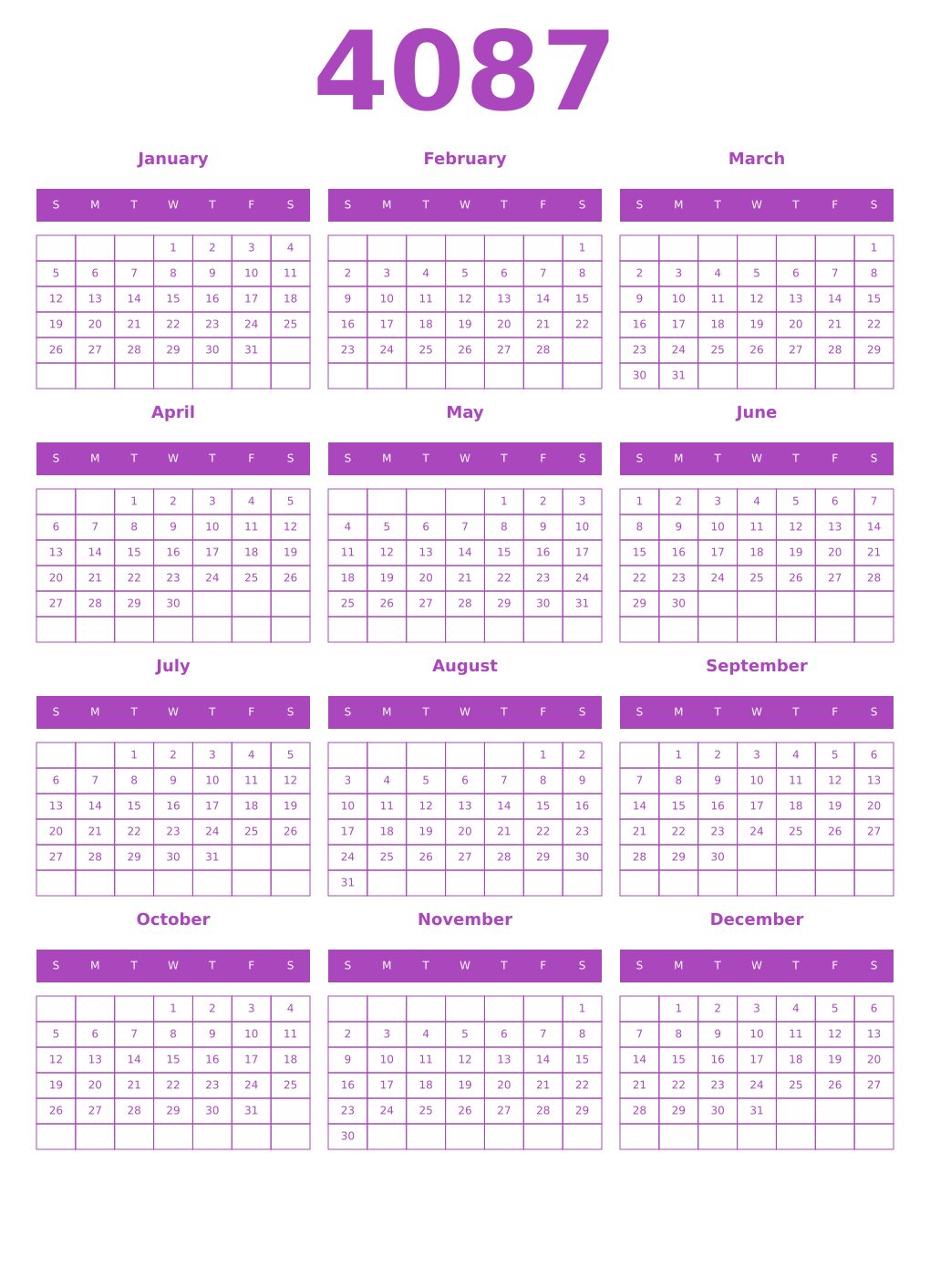 Printable 4087 Year Calendars purple