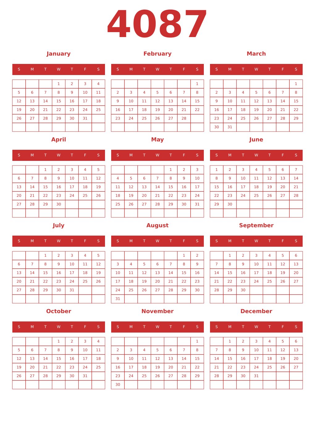 Printable 4087 Year Calendars red