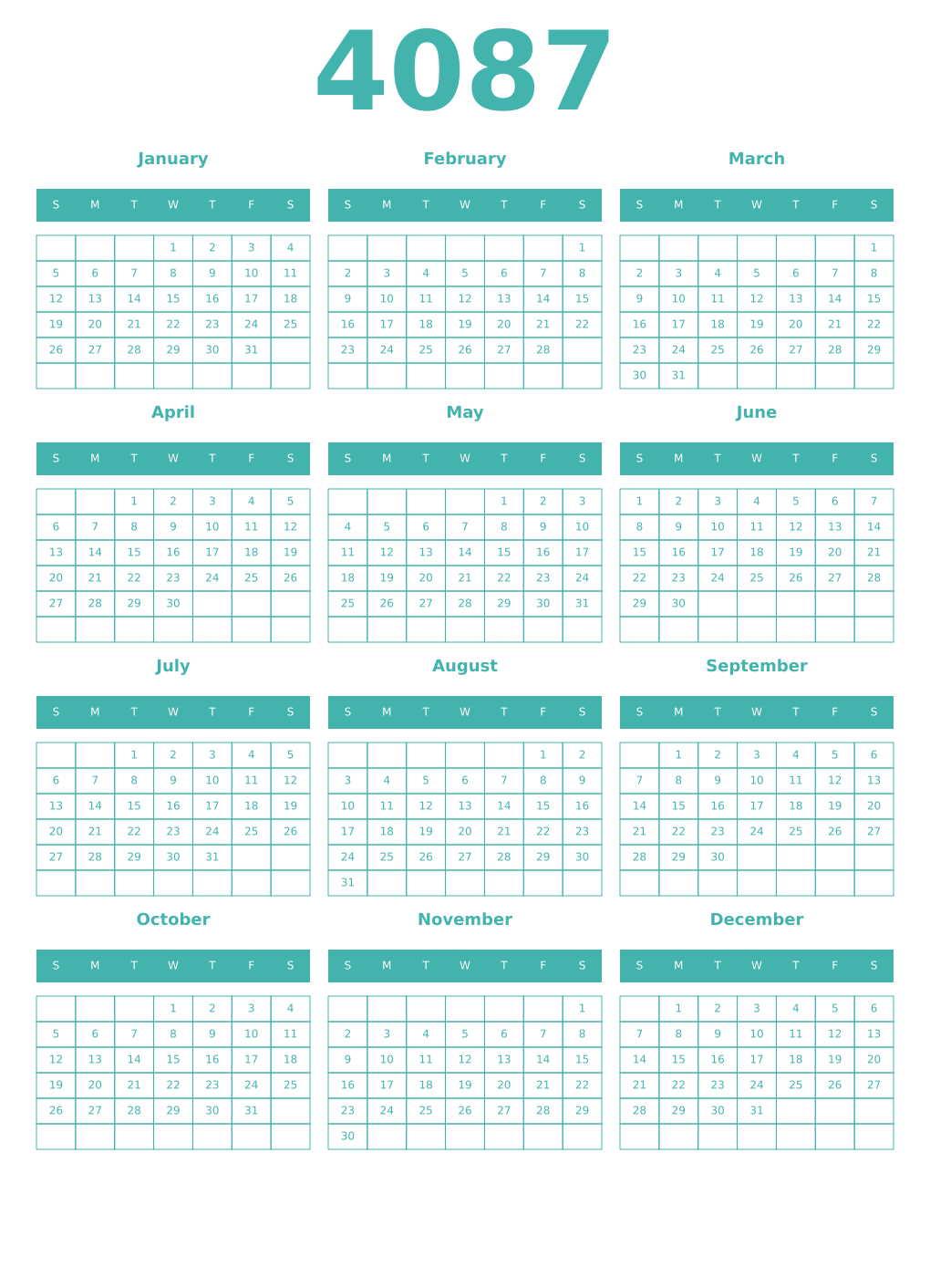 Printable 4087 Year Calendars verdigris