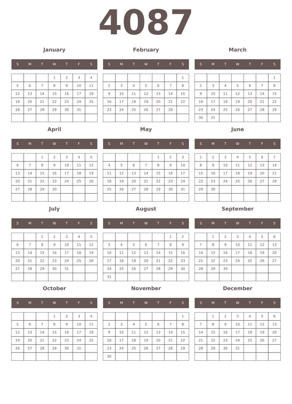 Printable 4087 Year Calendars wenge