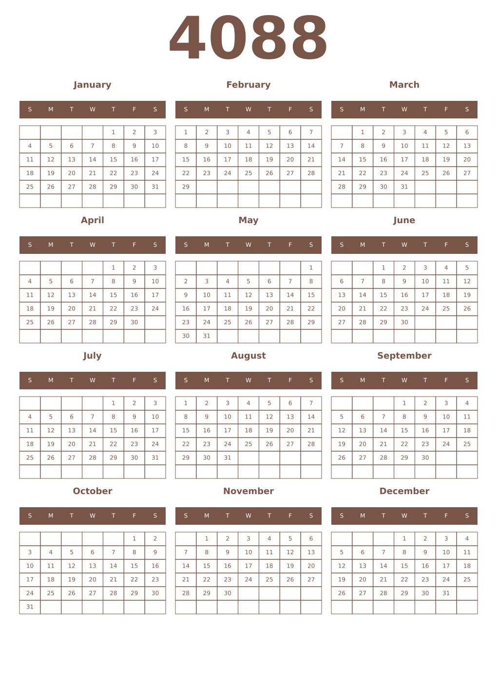Printable 4088 Year Calendars coffe