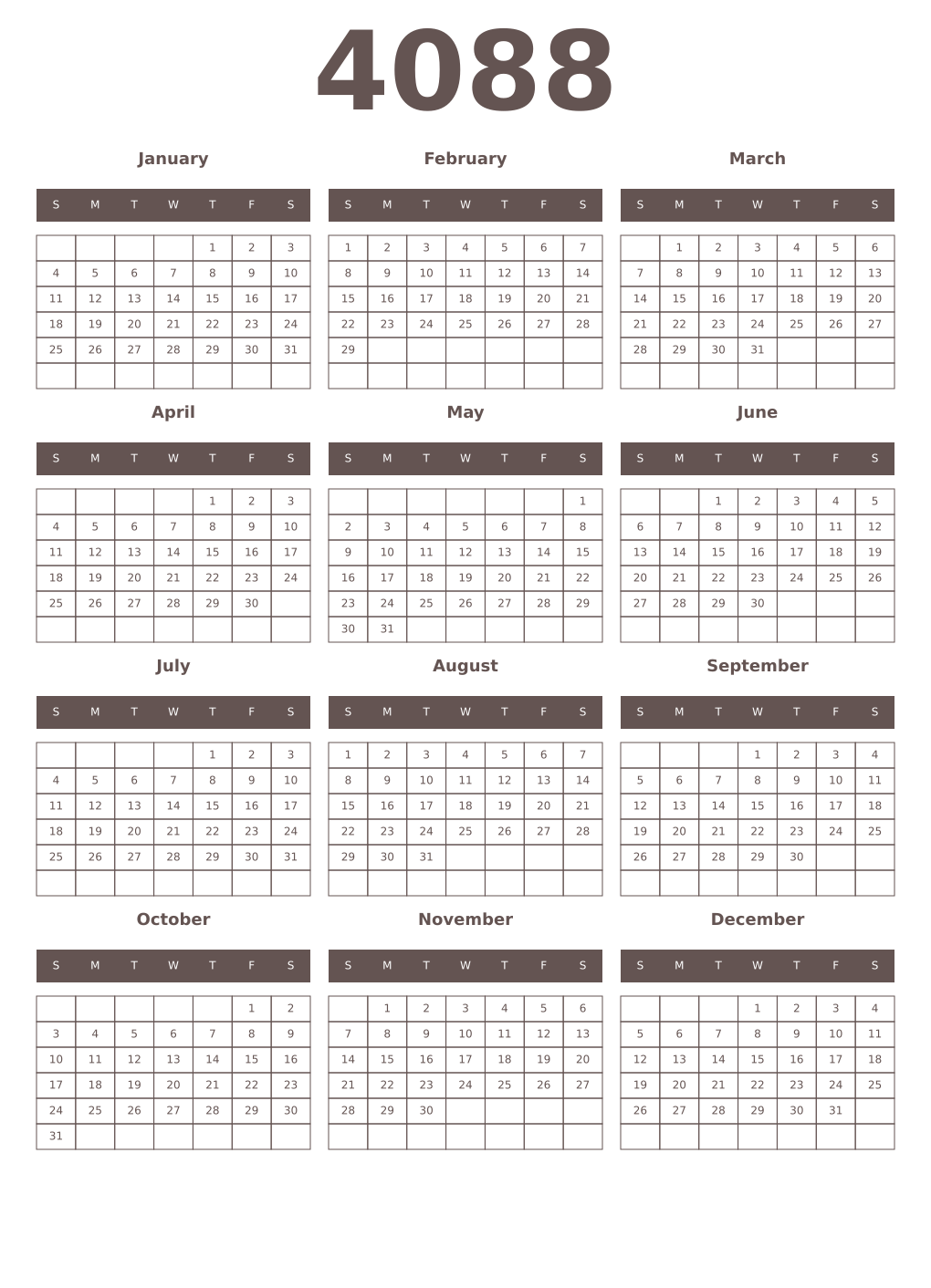 Printable 4088 Year Calendars wenge