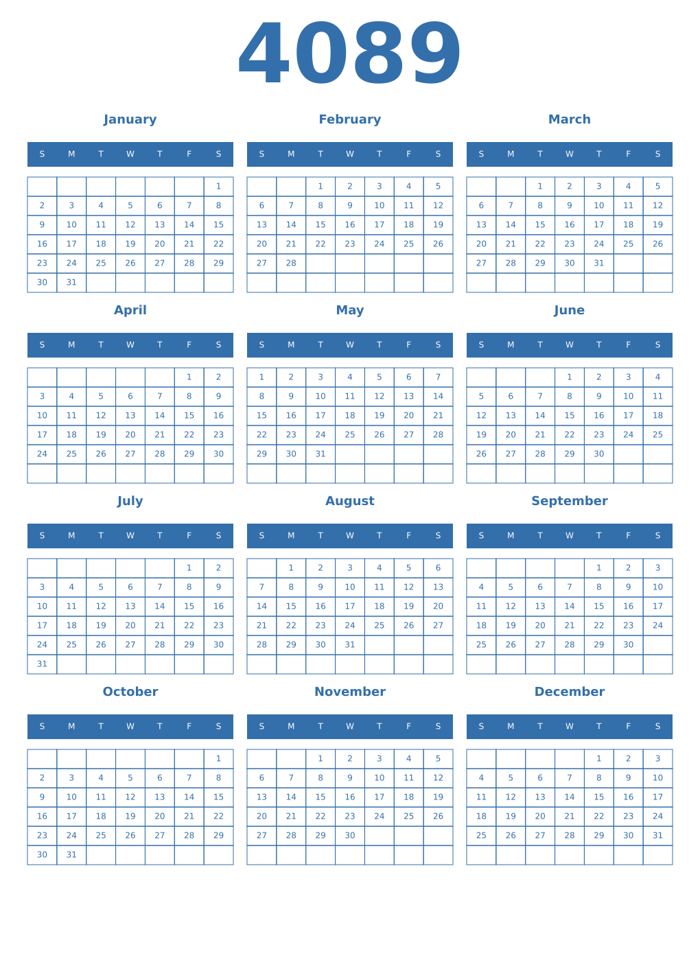 Printable 4089 Year Calendars blue