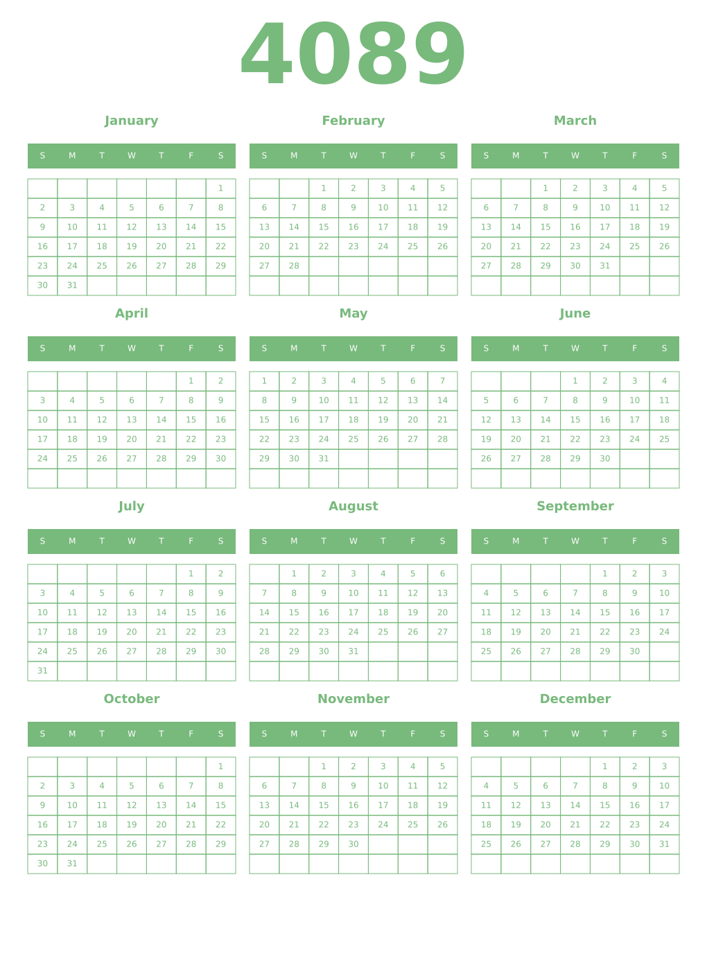 Printable 4089 Year Calendars celadon