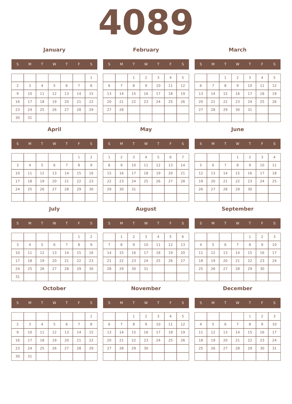 Printable 4089 Year Calendars coffe