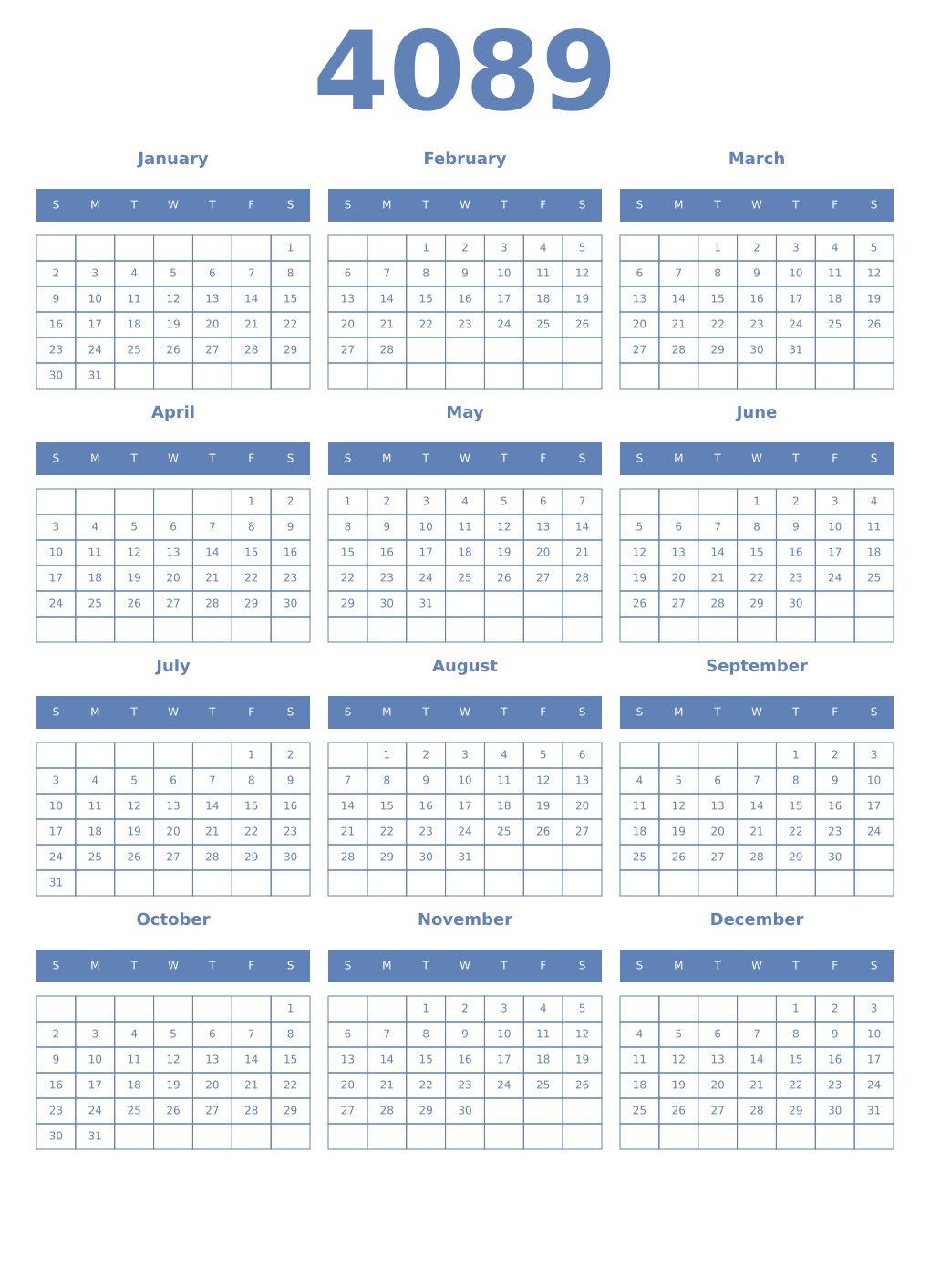 Printable 4089 Year Calendars glaucous