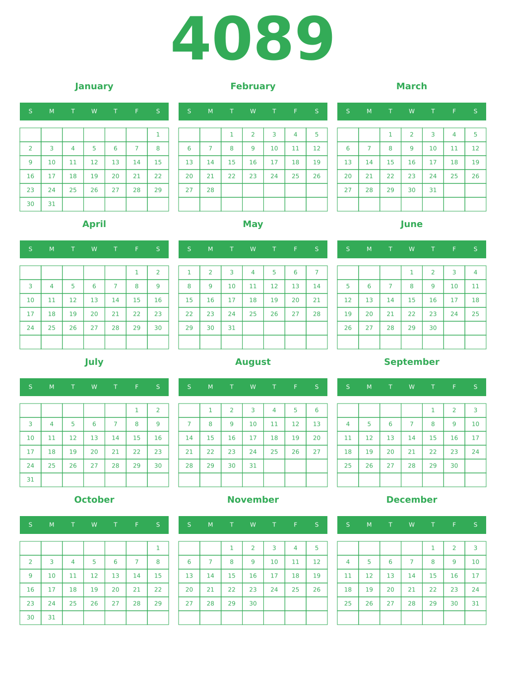Printable 4089 Year Calendars green