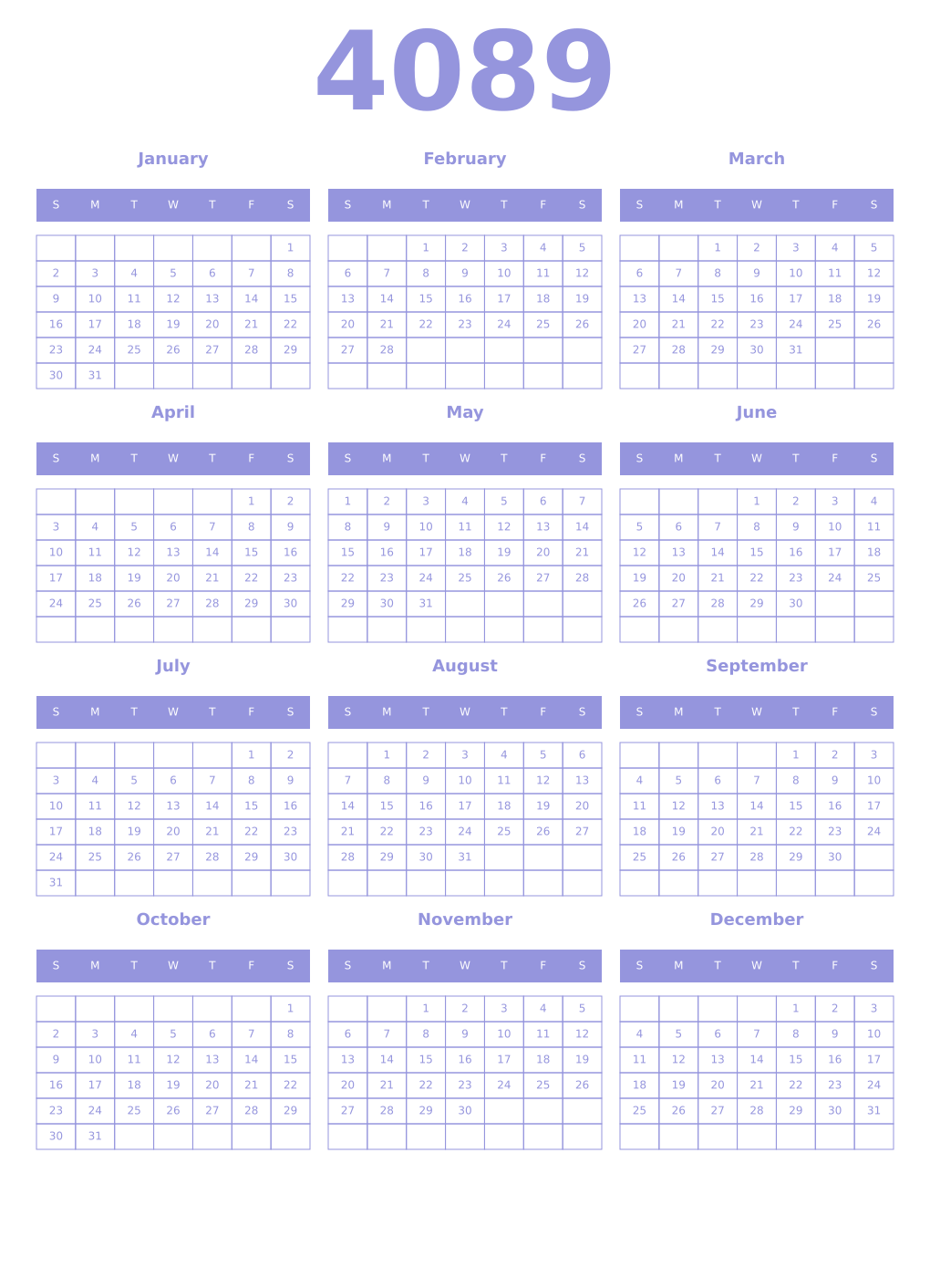 Printable 4089 Year Calendars periwinkle