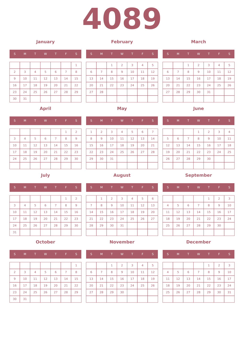 Printable 4089 Year Calendars puce