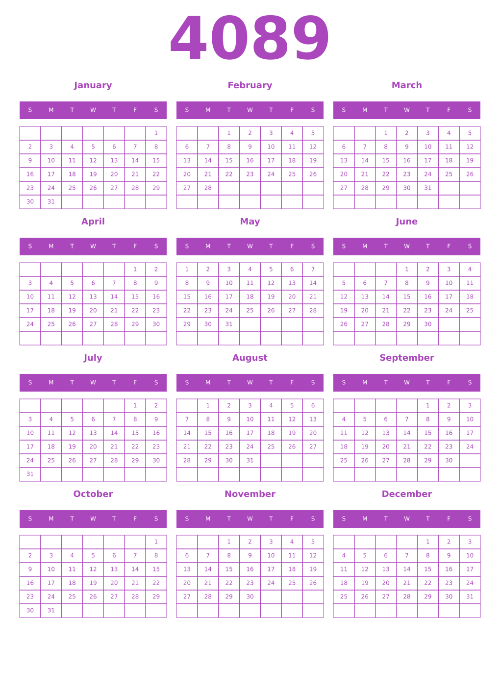 Printable 4089 Year Calendars purple