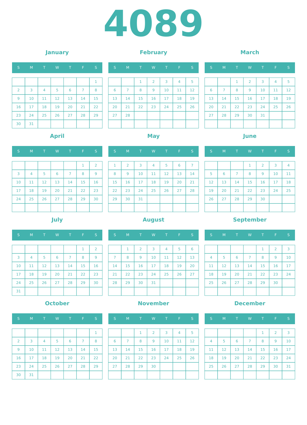 Printable 4089 Year Calendars verdigris