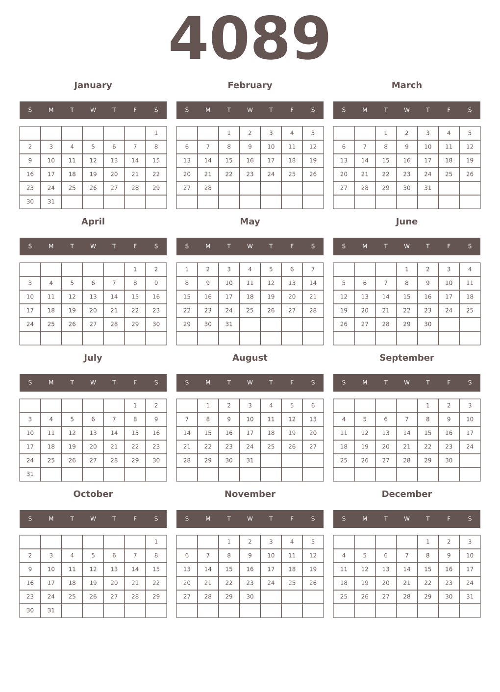 Printable 4089 Year Calendars wenge