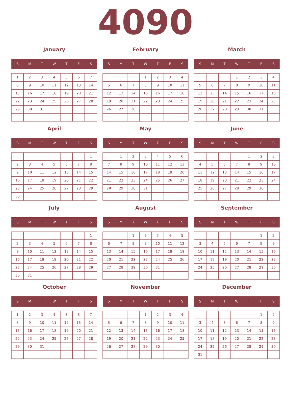 Printable 4090 Year Calendars cordovan