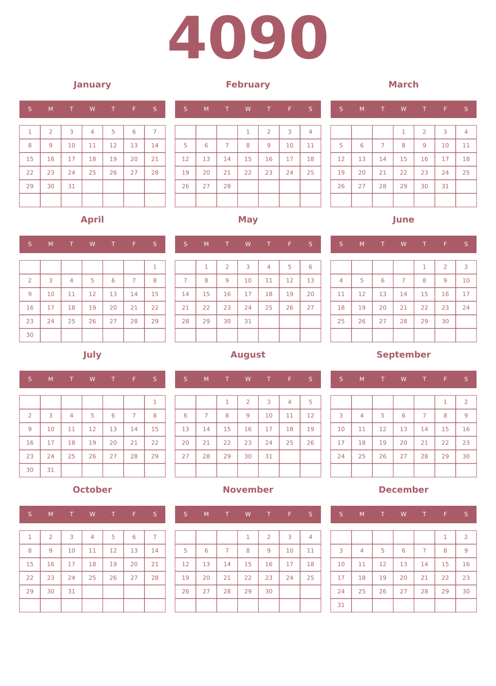 Printable 4090 Year Calendars puce