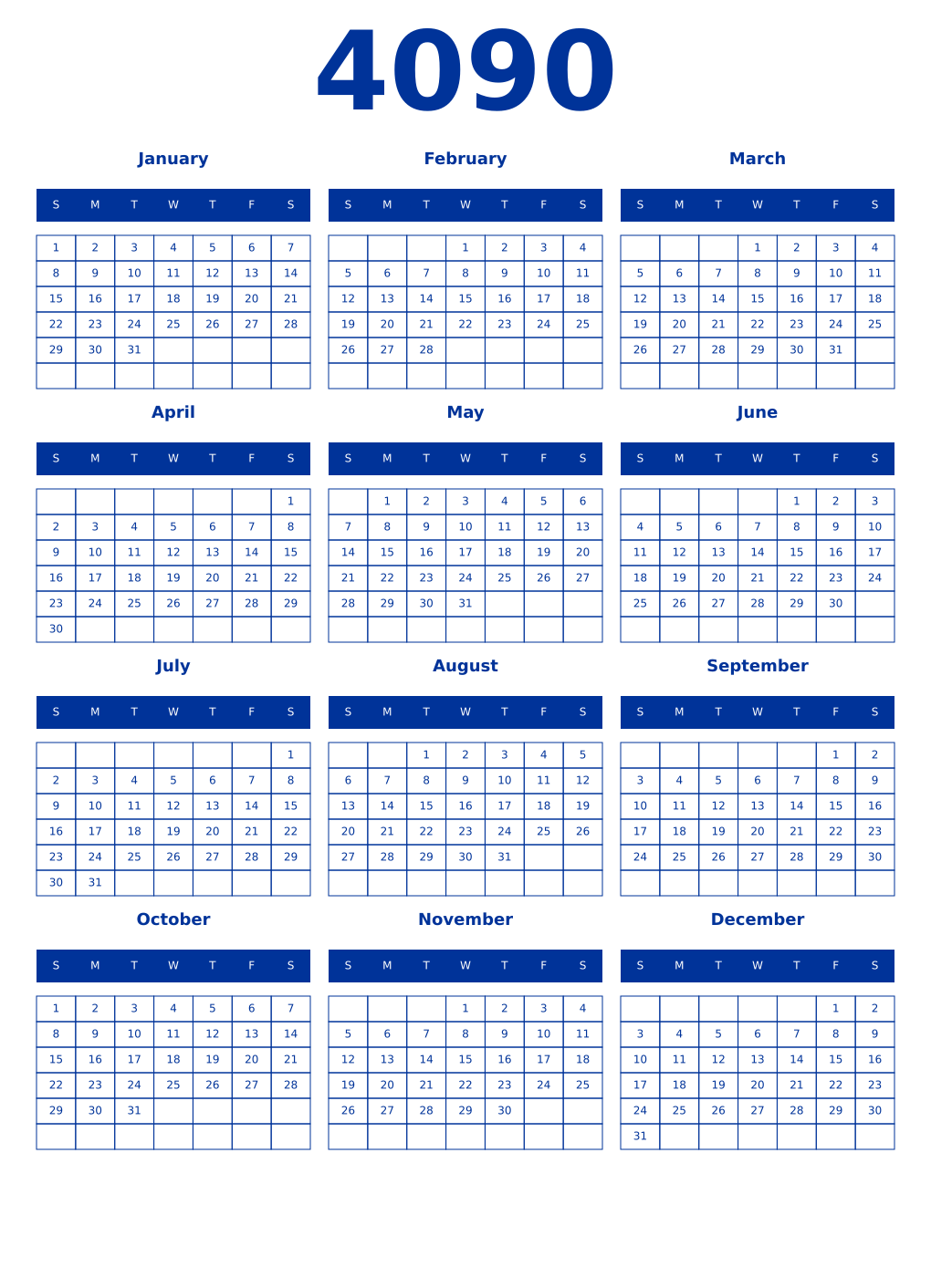 Printable 4090 Year Calendars smalt