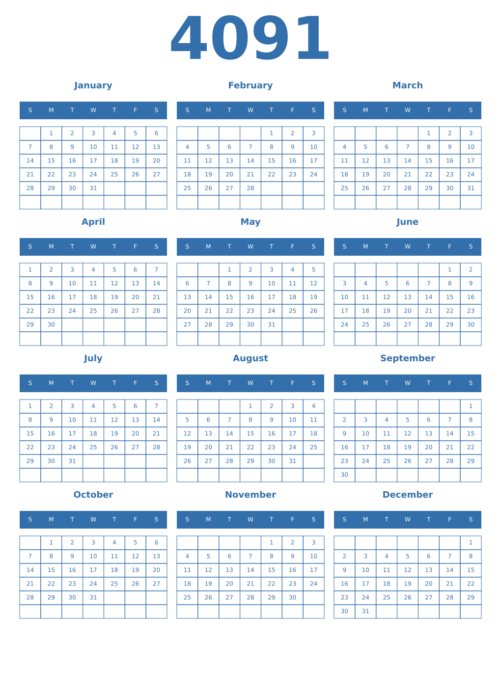 Printable 4091 Year Calendars blue