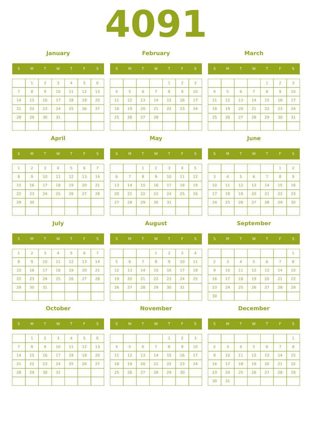 Printable 4091 Year Calendars chartreuse