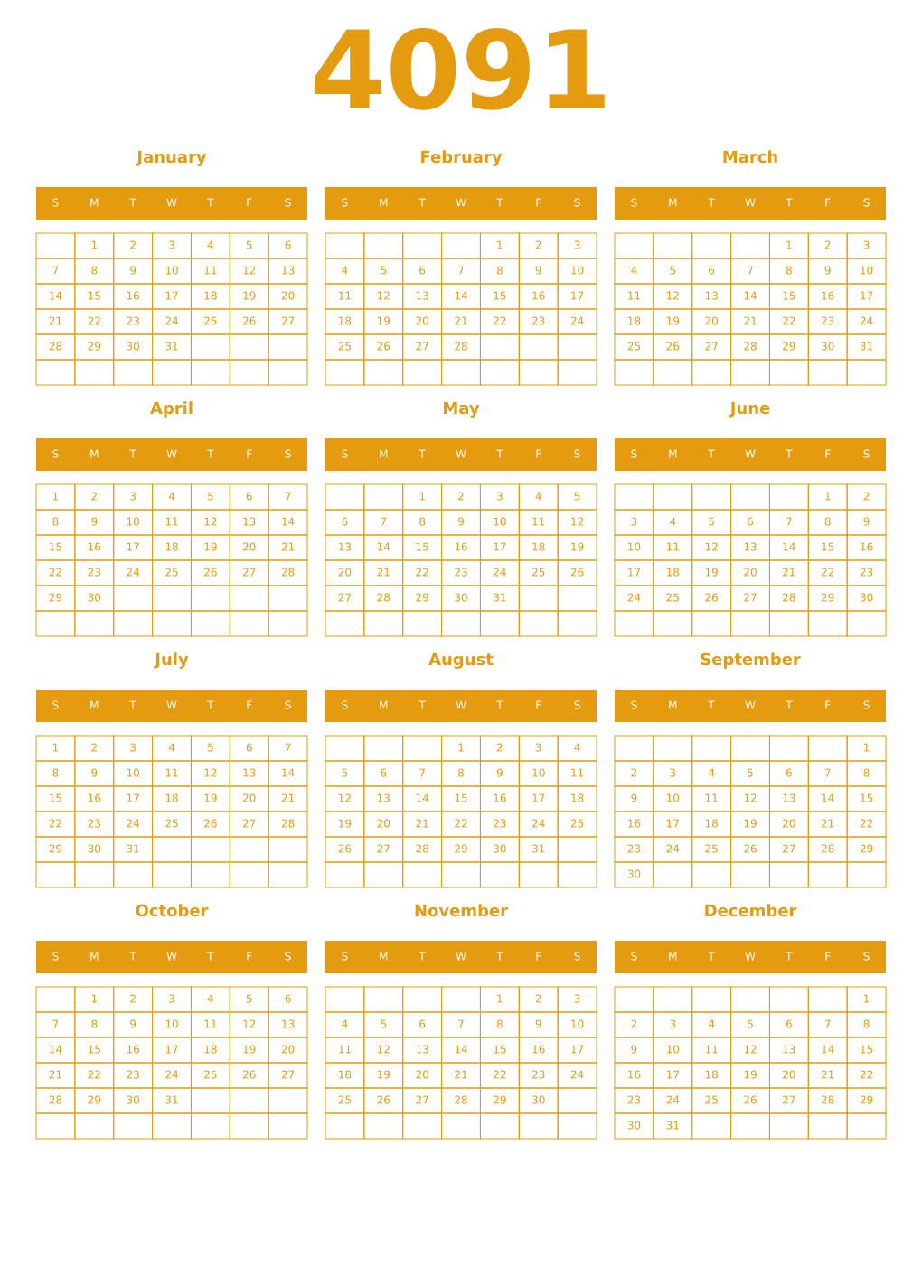 Printable 4091 Year Calendars gamboge