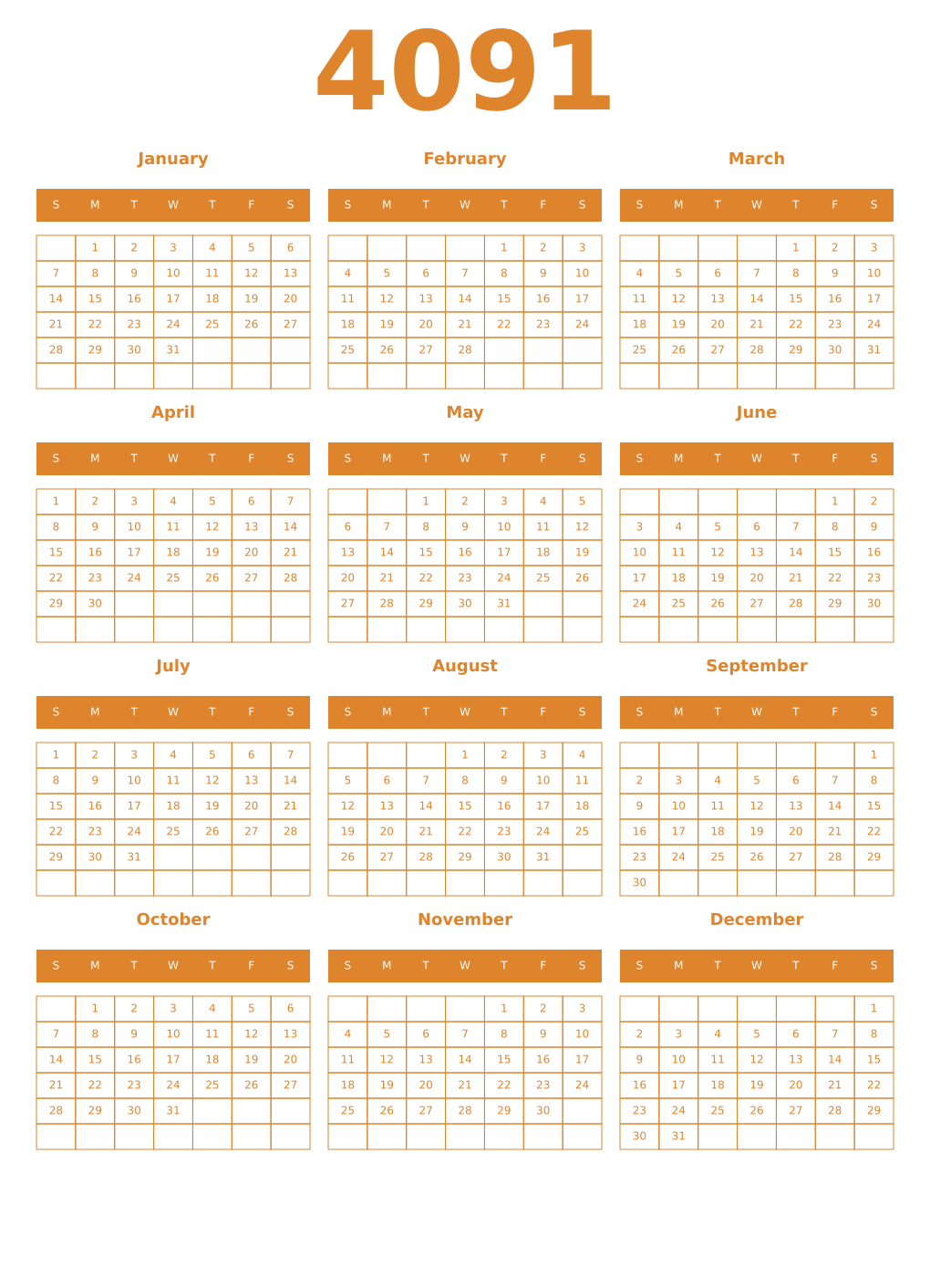 Printable 4091 Year Calendars orange
