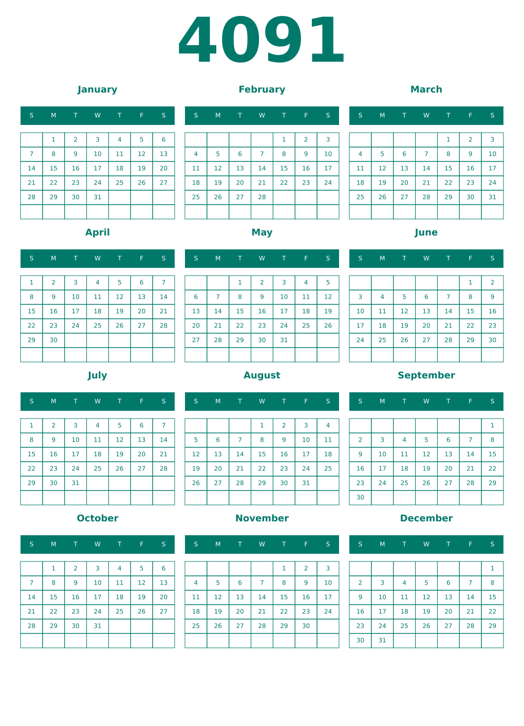 Printable 4091 Year Calendars pastel