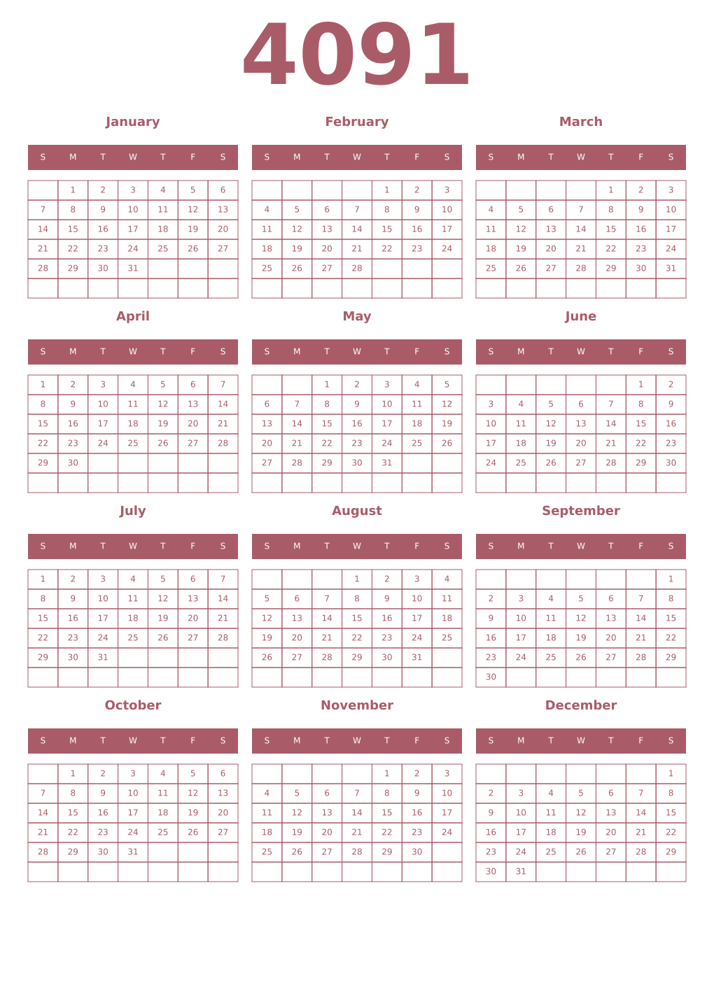 Printable 4091 Year Calendars puce