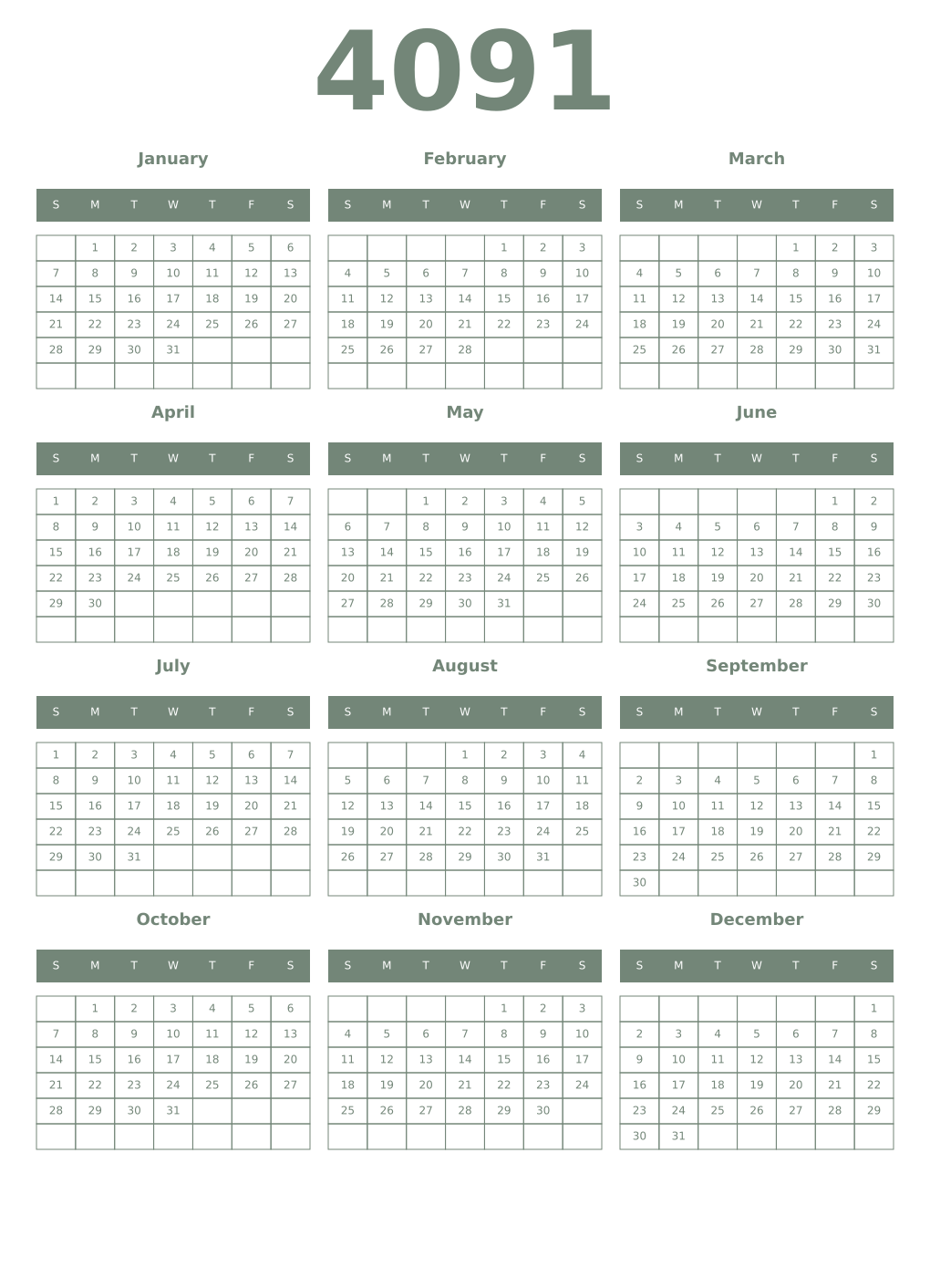 Printable 4091 Year Calendars xanadu
