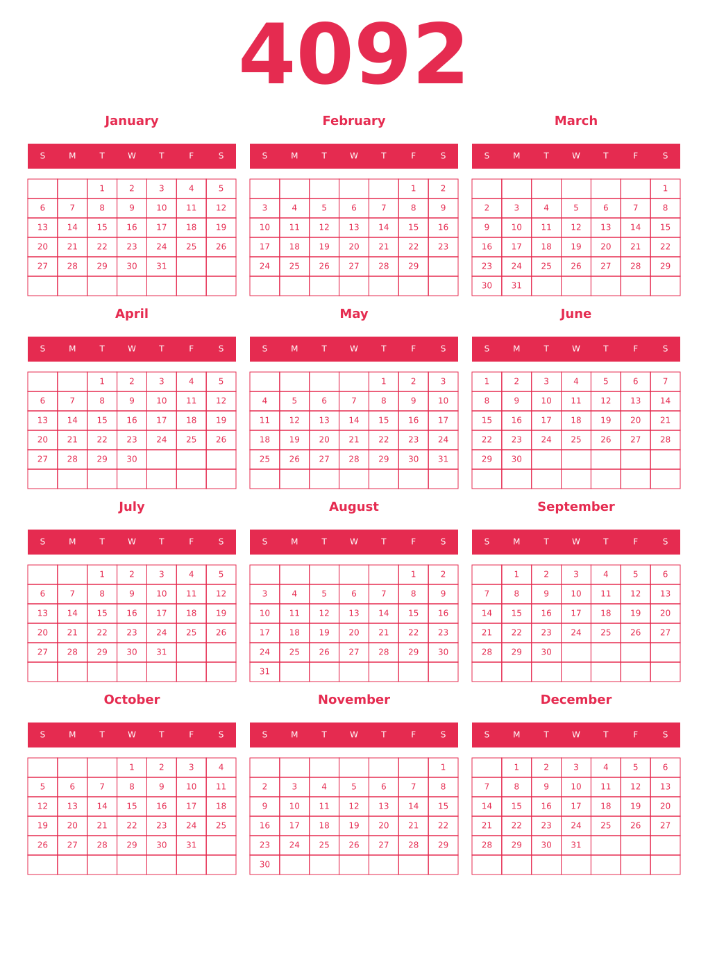 Printable 4092 Year Calendars amaranth