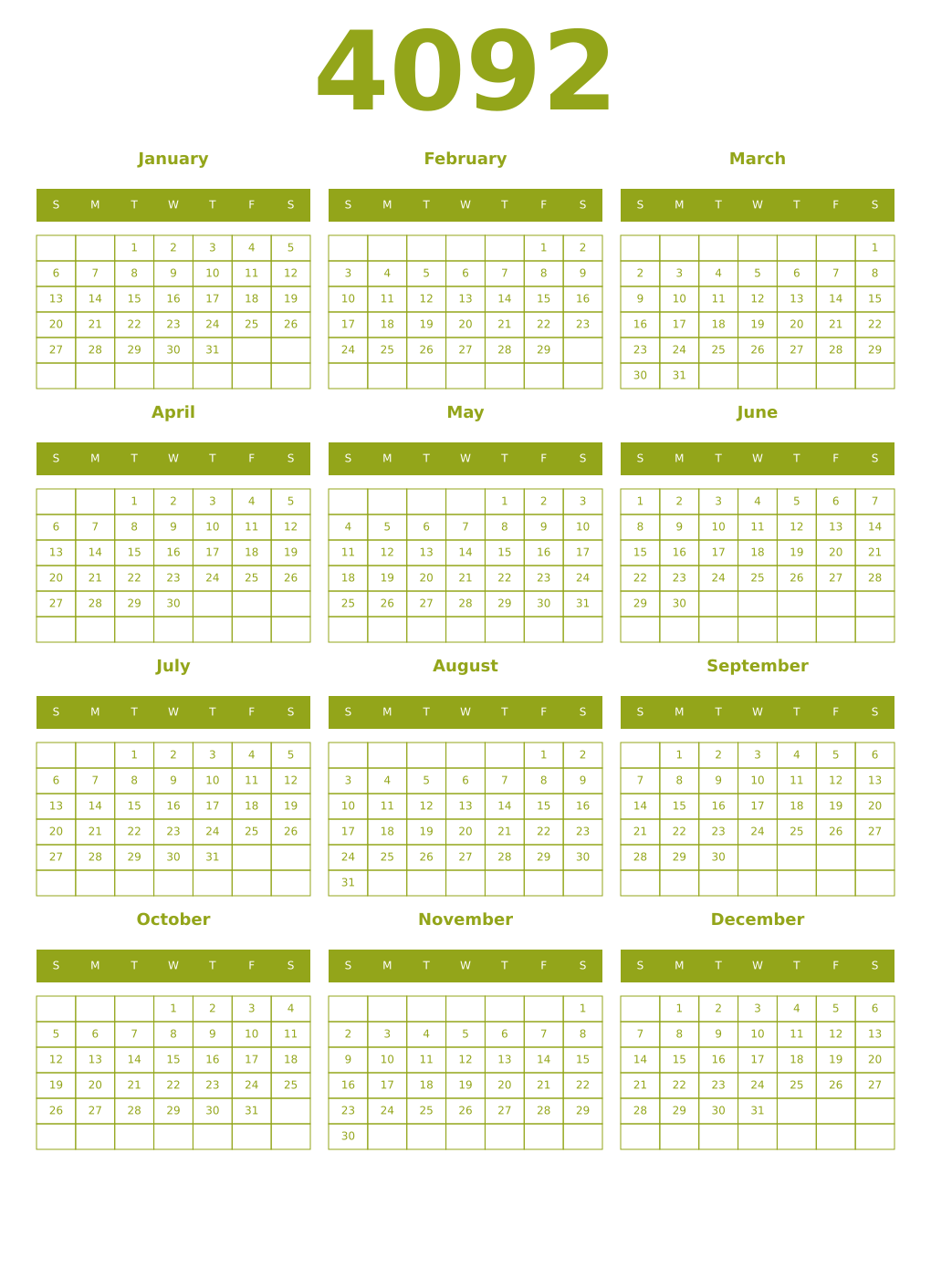 Printable 4092 Year Calendars chartreuse