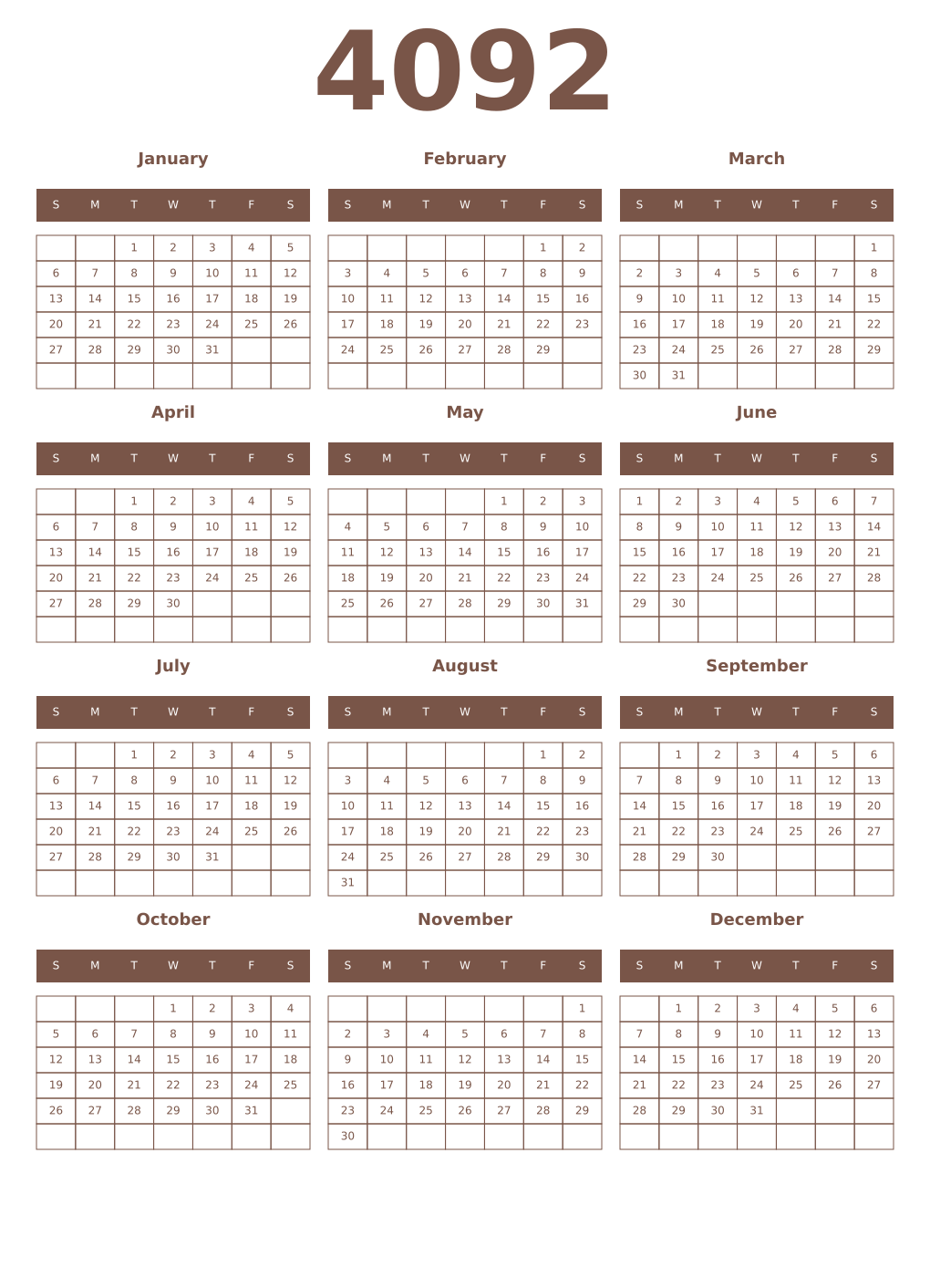 Printable 4092 Year Calendars coffe