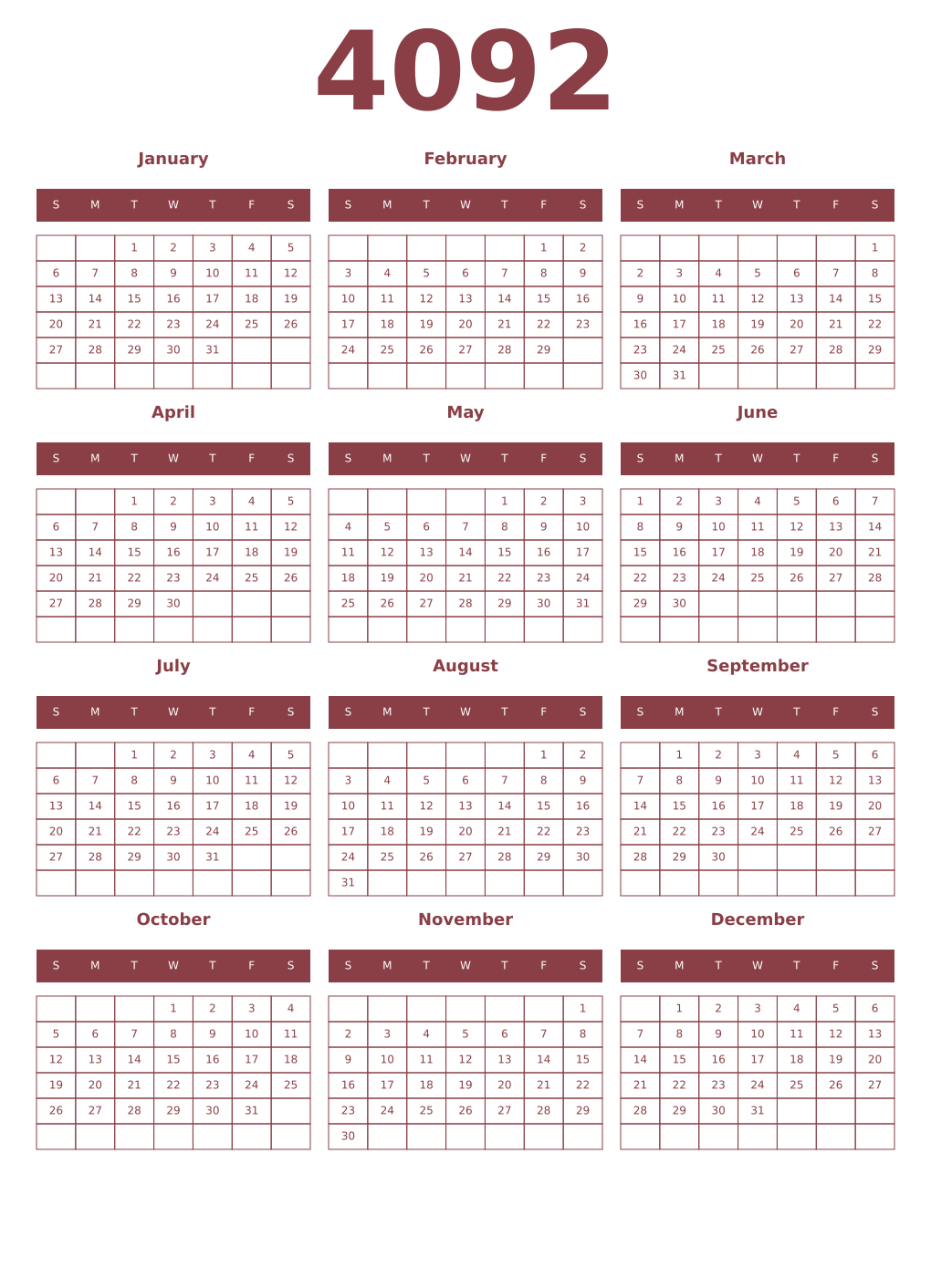Printable 4092 Year Calendars cordovan