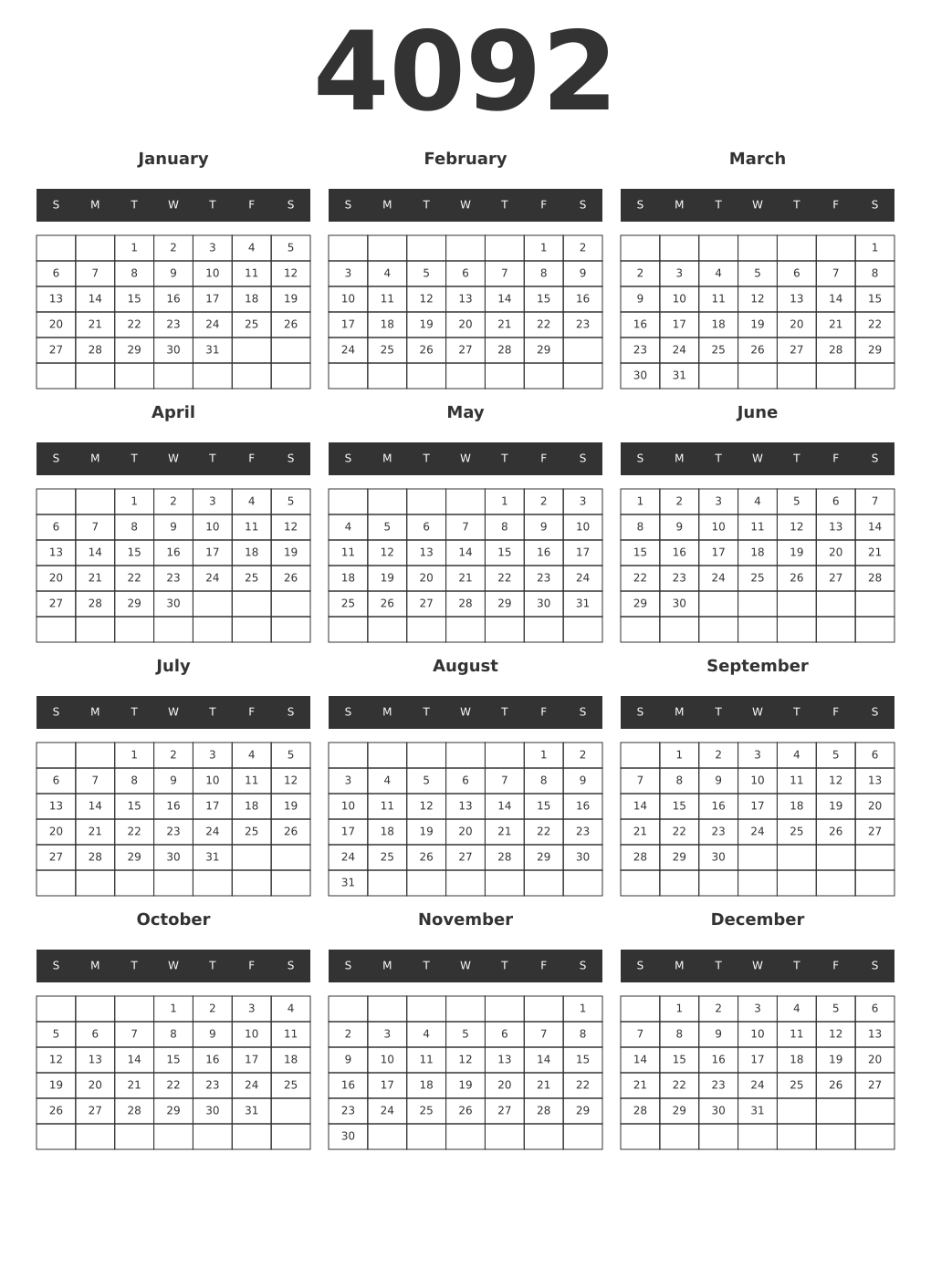 Printable 4092 Year Calendars dark