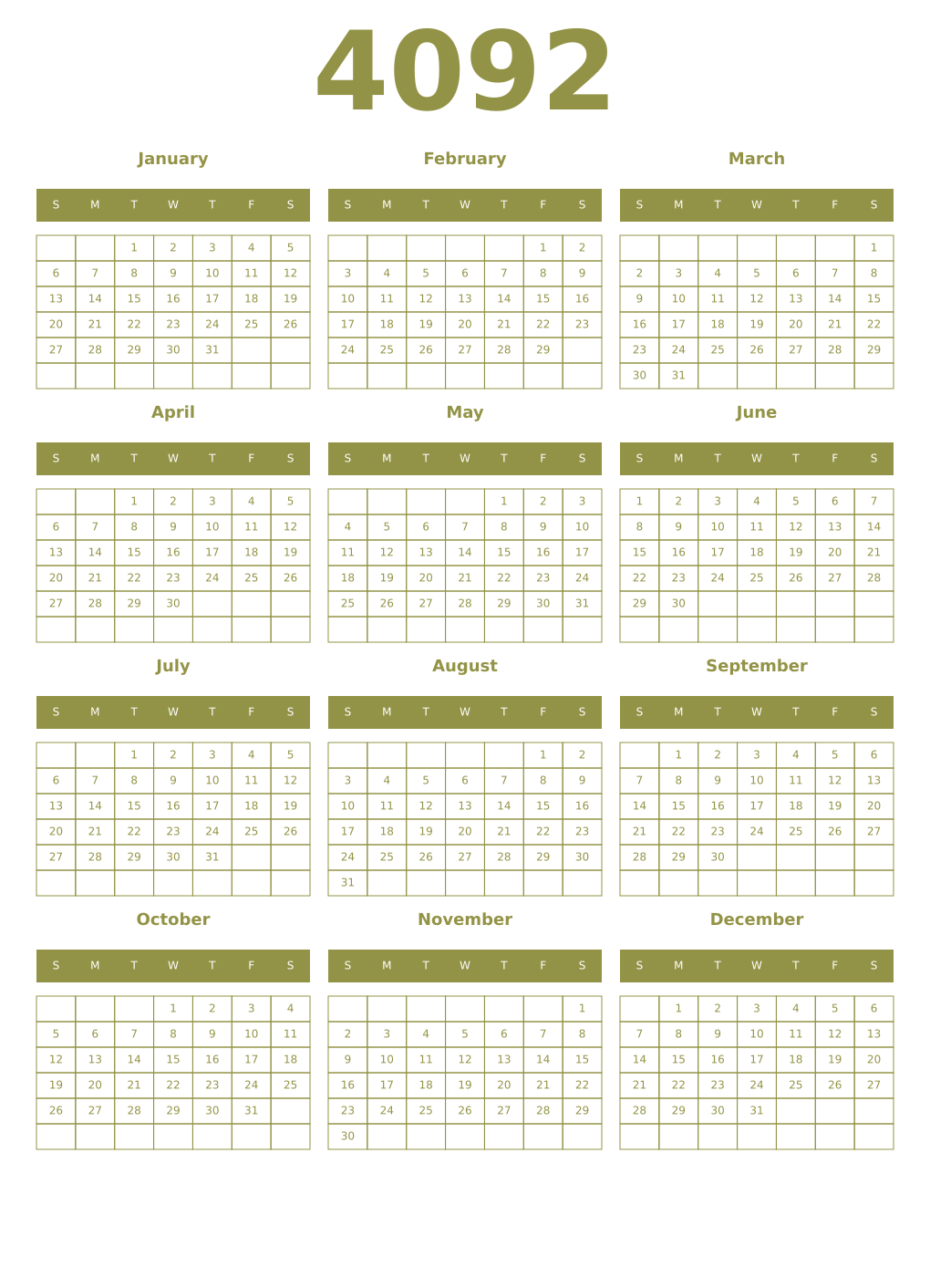 Printable 4092 Year Calendars eburnean
