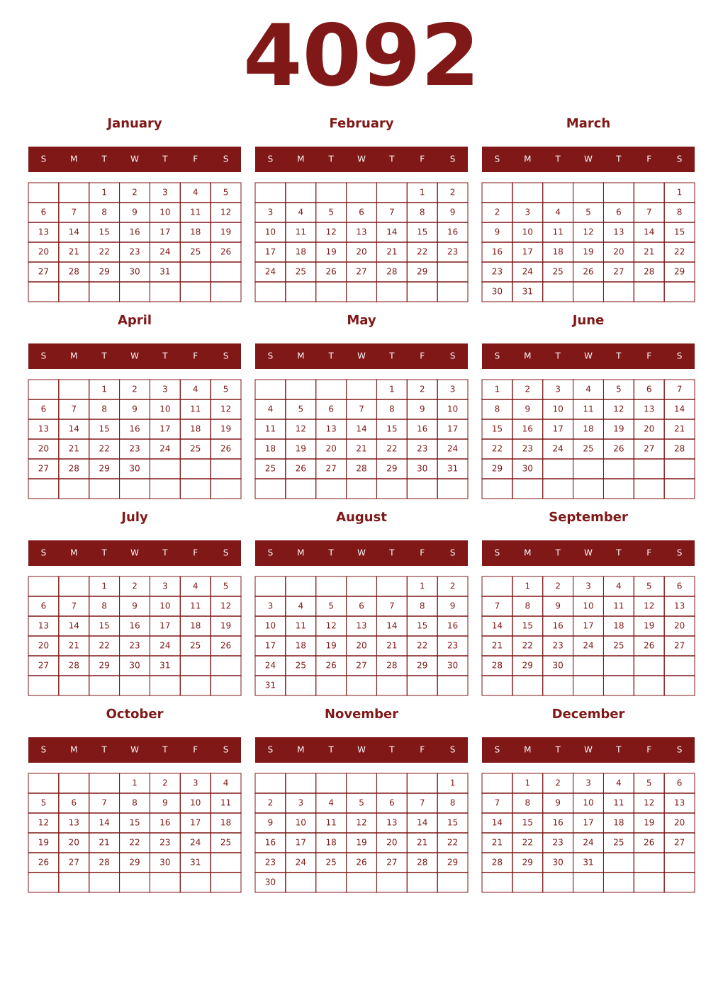 Printable 4092 Year Calendars falu
