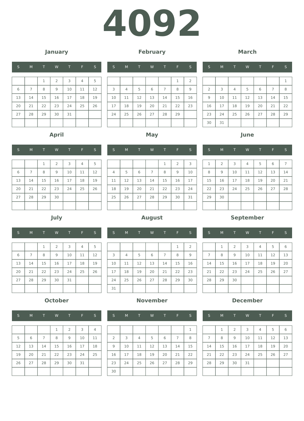 Printable 4092 Year Calendars feldgrau