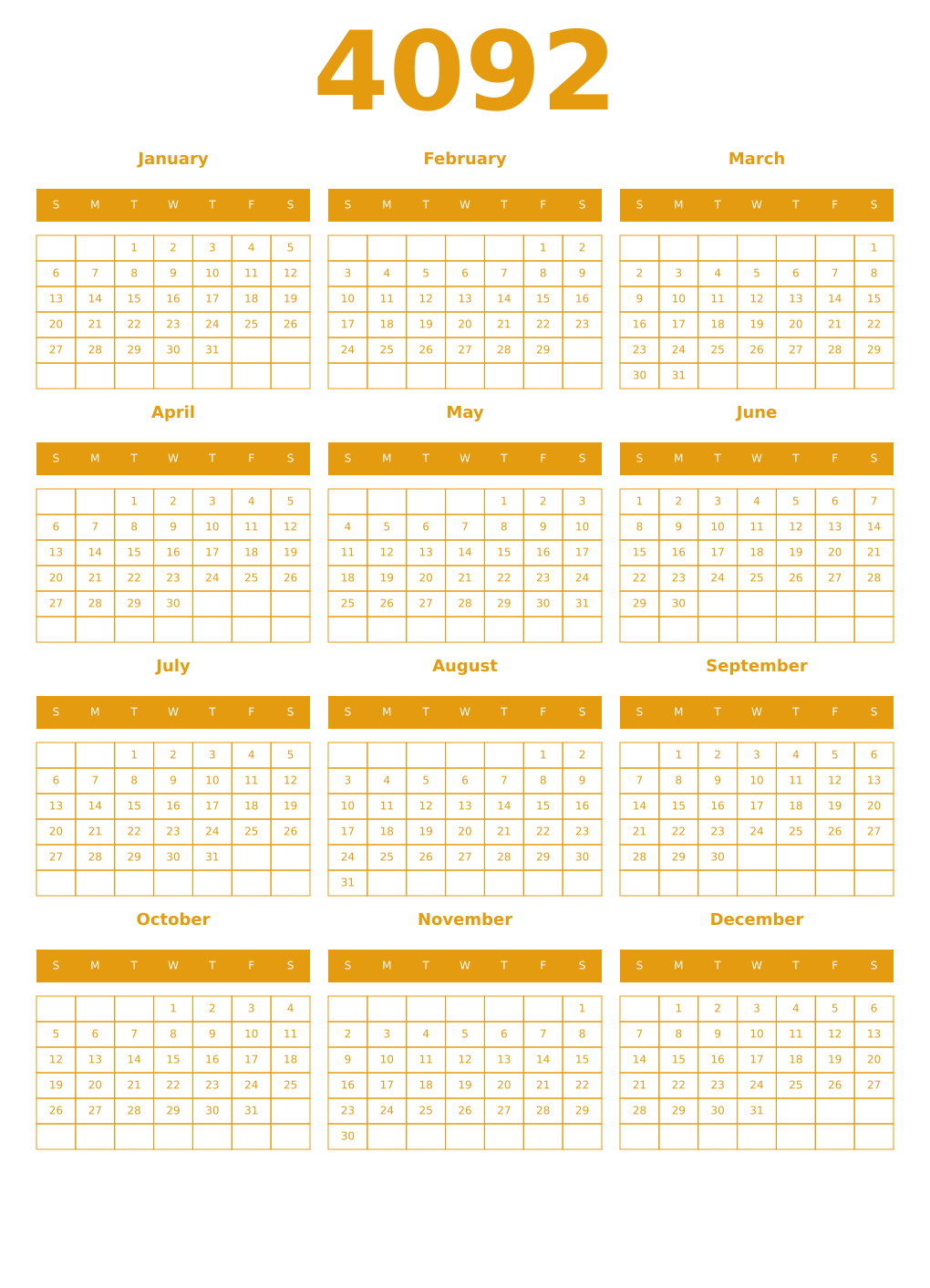 Printable 4092 Year Calendars gamboge