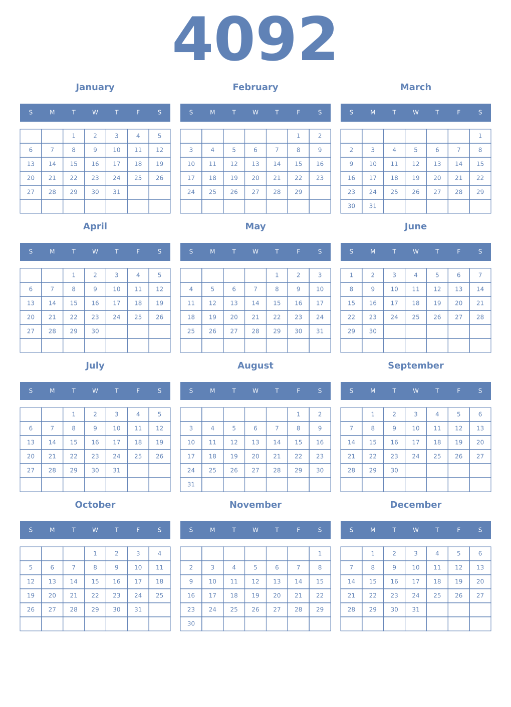 Printable 4092 Year Calendars glaucous