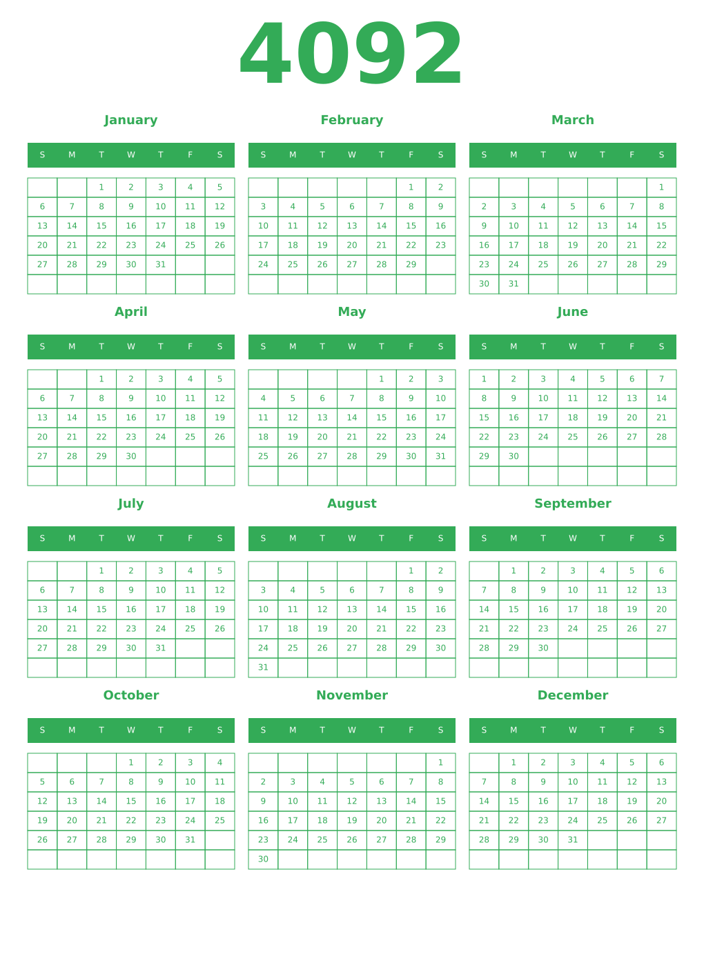 Printable 4092 Year Calendars green