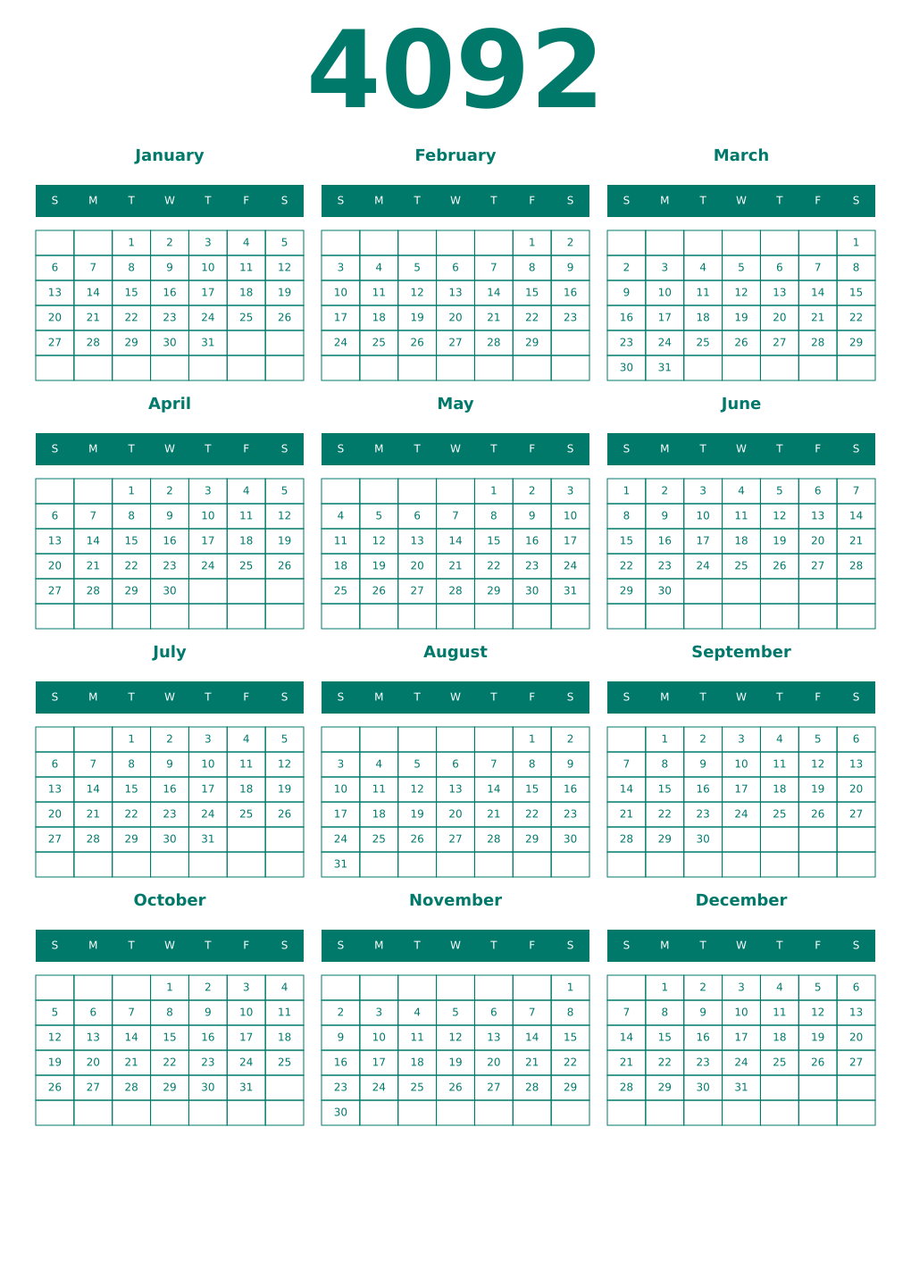 Printable 4092 Year Calendars pastel