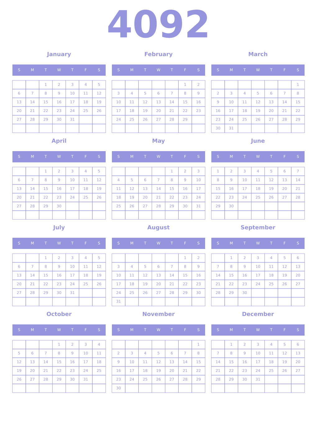 Printable 4092 Year Calendars periwinkle