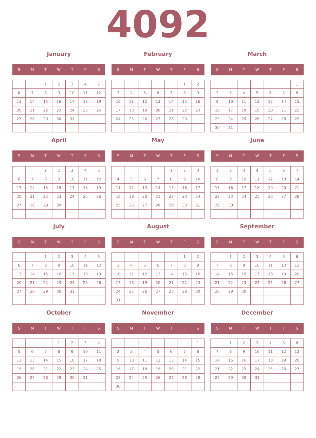 Printable 4092 Year Calendars puce