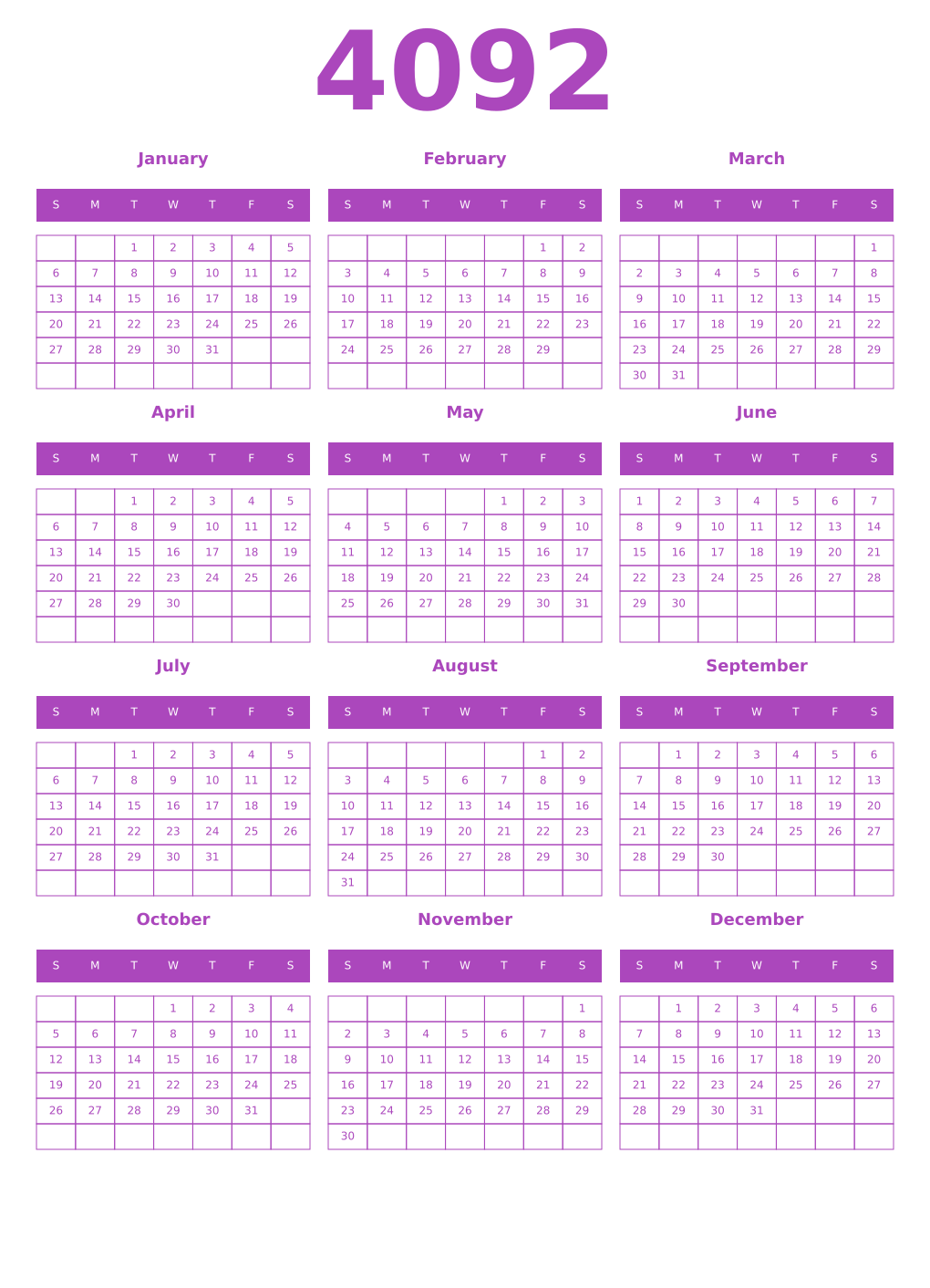 Printable 4092 Year Calendars purple