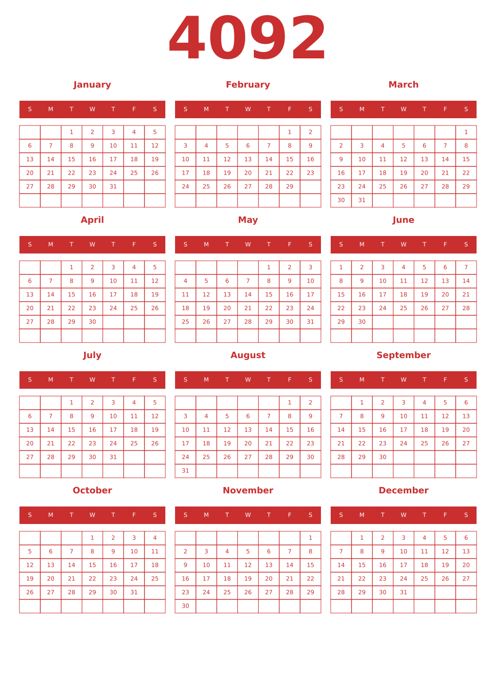 Printable 4092 Year Calendars red