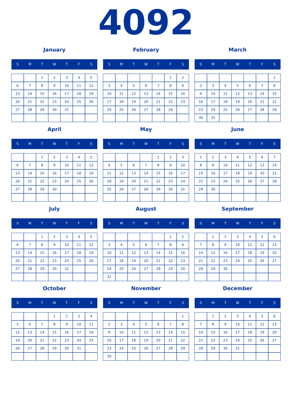 Printable 4092 Year Calendars smalt